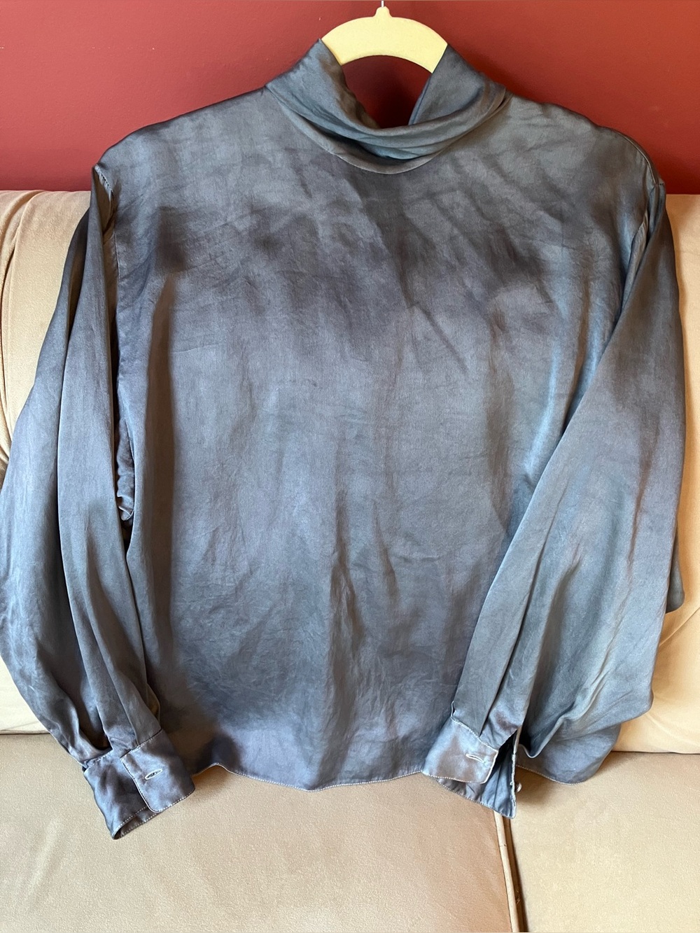 St. John Silk Turtleneck Blouse, Back Buttons Slate Gray